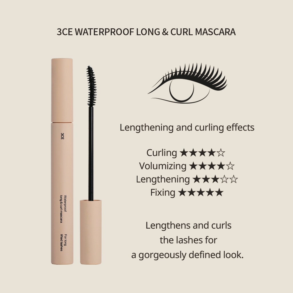 Mascara 3CE làm dài và cong mi chống trôi hiệu quả 3CE Waterproof Long & Curl Mascara 5.5 g | 3CE Official Store