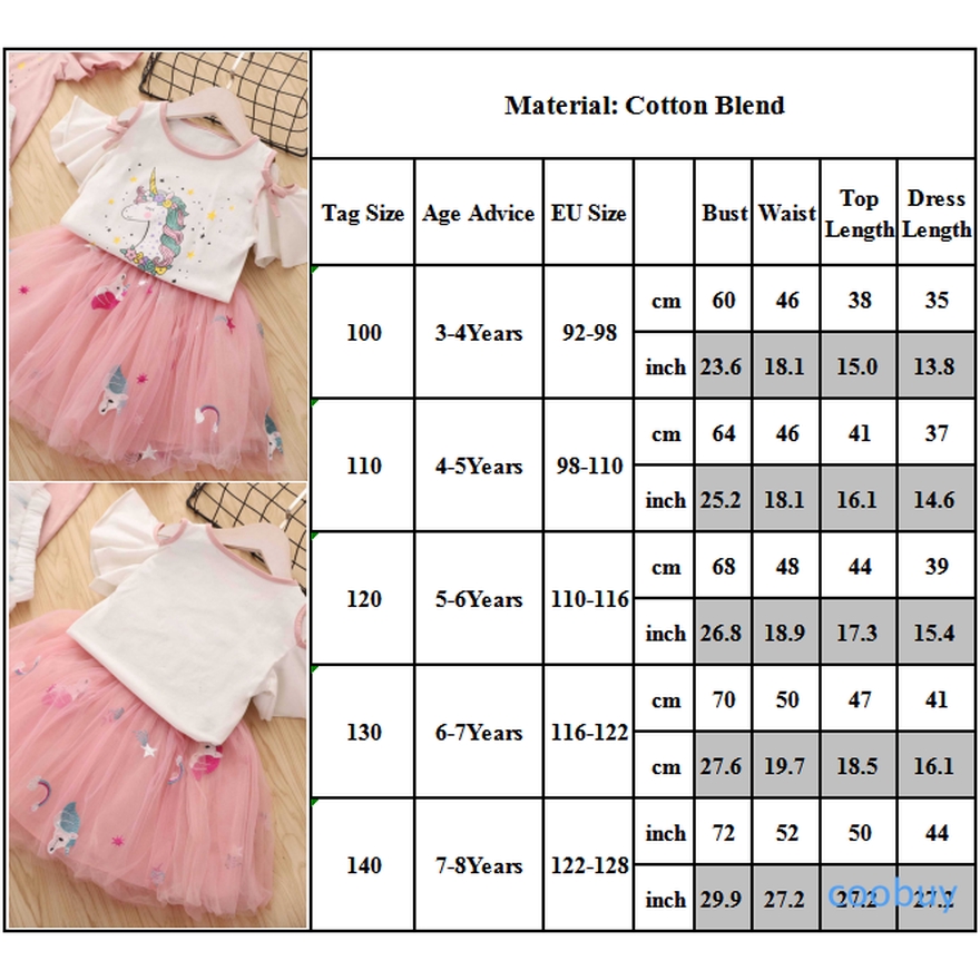 Bộ trang phục gồm váy công chúa nhỏ nhắn và áo in hình kỳ lân tay xòe thời trang mùa hè cho trẻ em