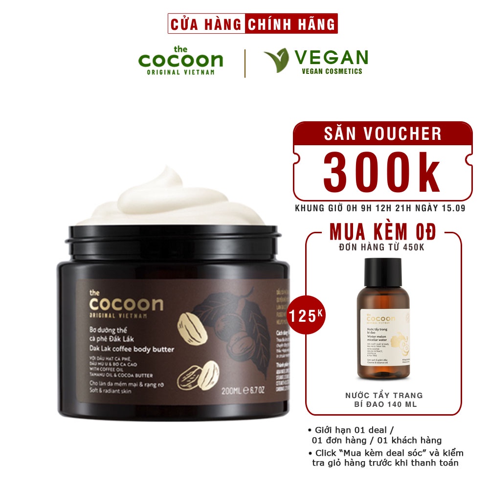 Bơ dưỡng thể cà phê đắk lắk cocoon 200ml thuần chay