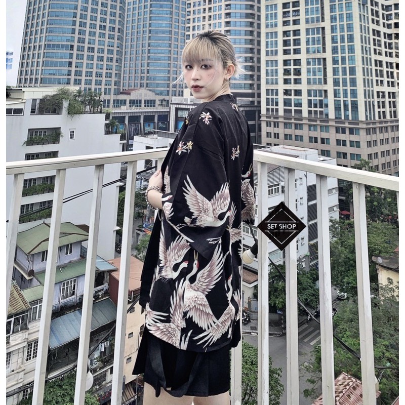 Áo khoác kimono hạc nền đen