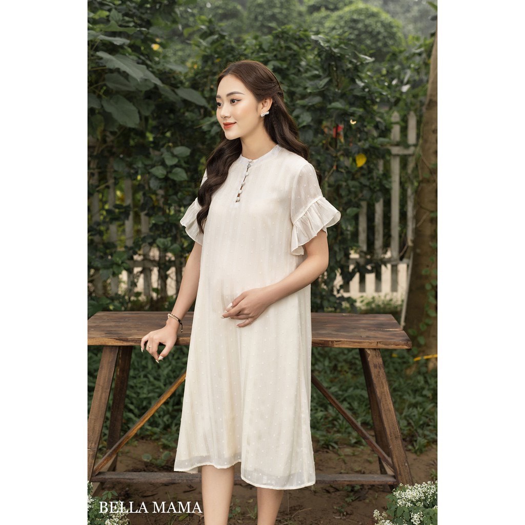 Váy Bầu Công Sở Chất Tơ Voan Mềm Mịn Tay Bèo Cổ Tròn Đủ Size Cho Mẹ Bầu Và Sau SinhTừ 47-85kg BELLA MAMA - V06