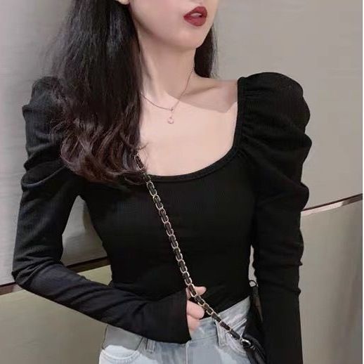 Áo tay phồng cổ vuông màu trơn thời trang dành cho nữ