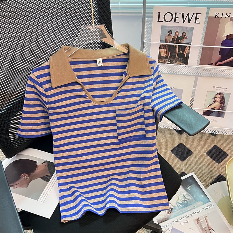 Áo Thun Nữ Ngắn Tay Cổ Chữ V Họa Tiết Sọc Ngang Thời Trang