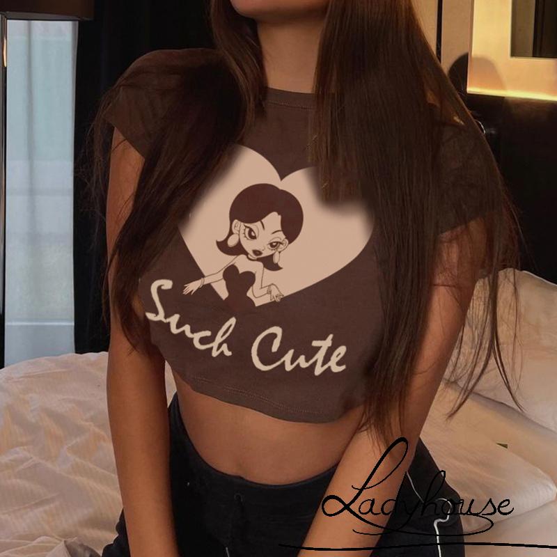 LD-Women Crop Shirt, Short Sleeve Round Neck Wrapped Elastic Tops Street Casual Party Cartoon Print Tops