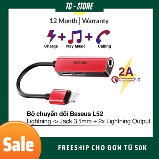 Jack Chuyển Đổi Tai Nghe 3 in 1 Vừa Sạc Vừa Nghe Vừa Có Mic Chân lightning Baseus L52 Hỗ Trợ bubg Bảo hành 12 Tháng