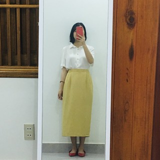 Chân váy công sở Japan, chân váy midi, dáng dài màu vàng (2hand)