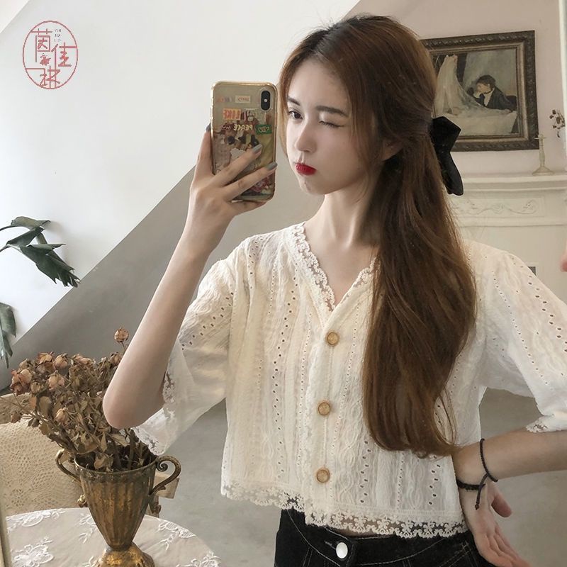 Áo Kiểu Hàn Quốc Dáng Rộng Cổ V Tay Ngắn In Họa Tiết Hoa Thời Trang Mùa Hè Hàng Mới 2022