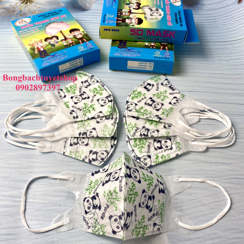Khẩu trang IN HÌNH DỄ THƯƠNG cho bé FAMAPRO 5D KIDS hộp 10 cái kháng khuẩn Đoremon/ Kitty/ Gấu Trúc/ Kì Lân/ Vịt Donald