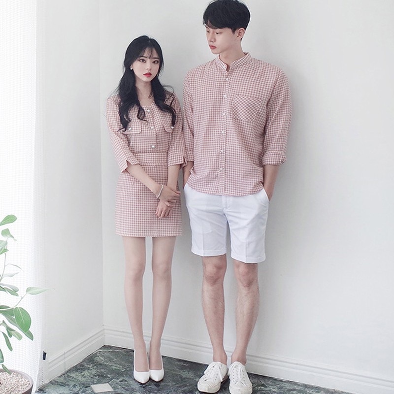 áo thun unisex Set áo váy sơ mi đôi - Đồ đôi set áo chân váy nữ áo sơ mi nam caro thời trang Hàn Quốc AV77 YAME Couple