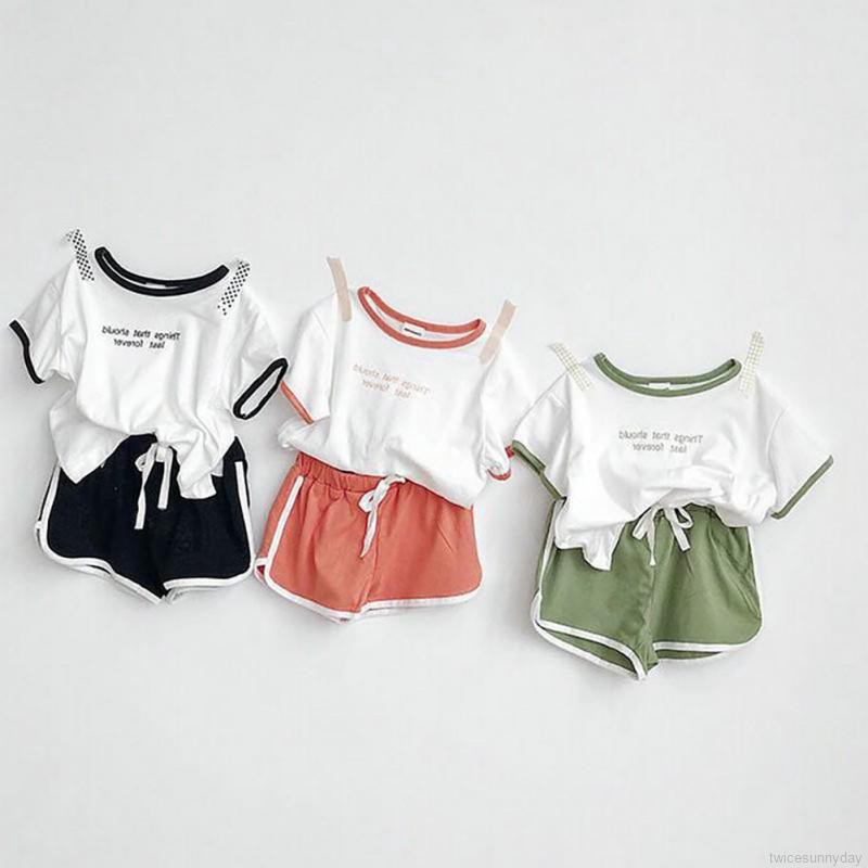 Set áo thun ngắn tay in chữ + Quần short đáng yêu cho bé gái