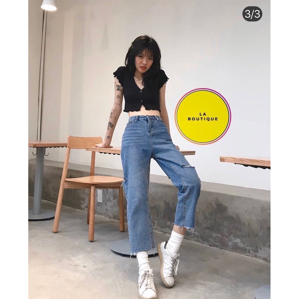 Áo croptop cổ tim cuốn biên nút bự cực xinh