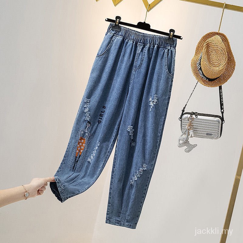 Quần Jeans Lửng Ống Rộng Lưng Thun Thêu Họa Tiết Phong Cách Hàn Quốc Thời Trang Mùa Thu Mới Cho Nữ 2021