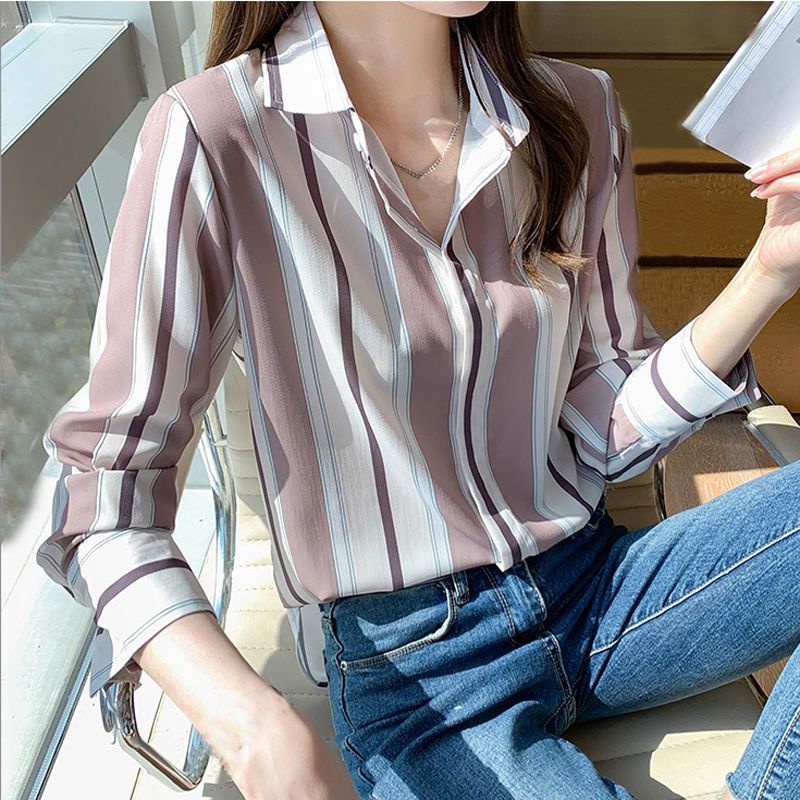 Áo Sơ Mi Tay Dài Dáng Suông Kẻ Sọc Kiểu Retro Hàn Quốc Xinh Xắn Cho Nữ