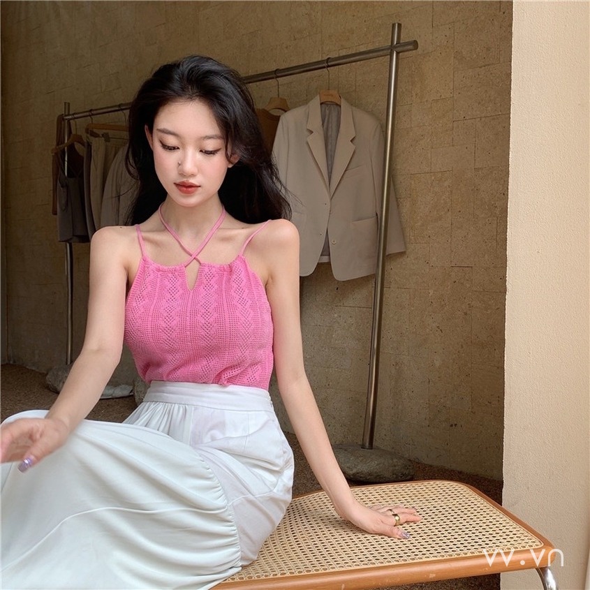 Xj-vvn Áo Dệt Kim Sát Nách Dáng Ôm Ngắn Màu Trơn Khoét Lỗ Gợi Cảm Cho Nữ