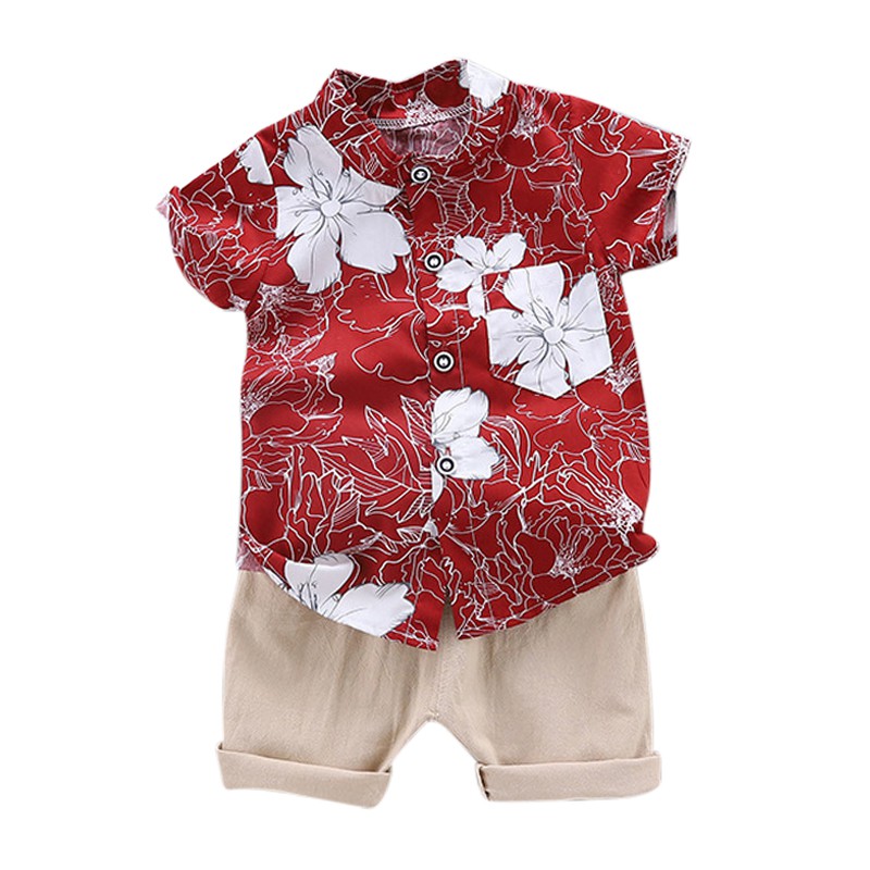 Set Áo Thun Ngắn Tay Cổ Tròn+Quần Short In Hoa Thời Trang Cho Bé Trai