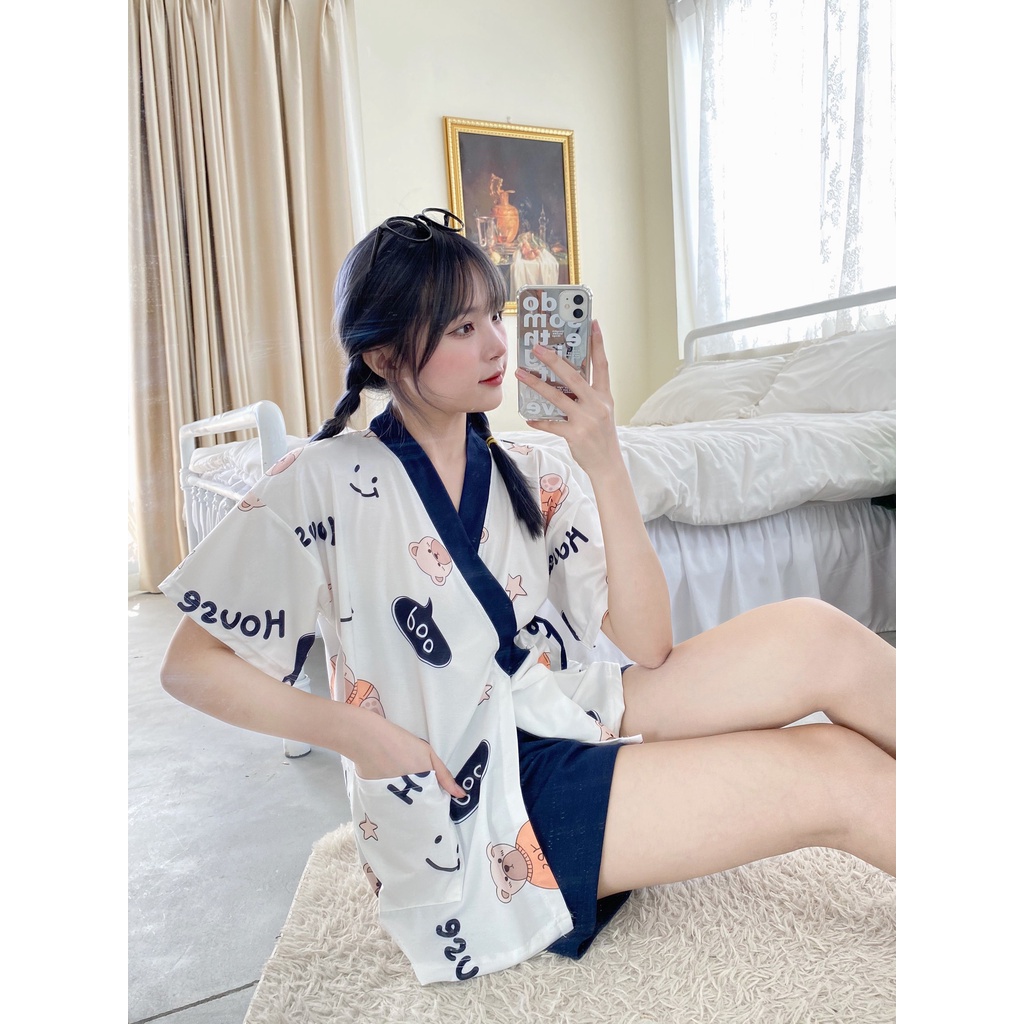 Đồ bộ nữ, bộ đồ ngủ kimono pijama cộc tay mặc nhà chất liệu cotton kiểu Nhật - Poohouse KIMONO-GAUPOO