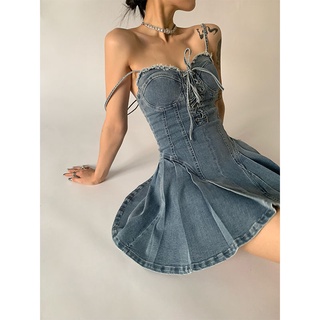 Minority design sexy strapped denim dress summer new style waist shows thin sling pleated skirt children's fashion