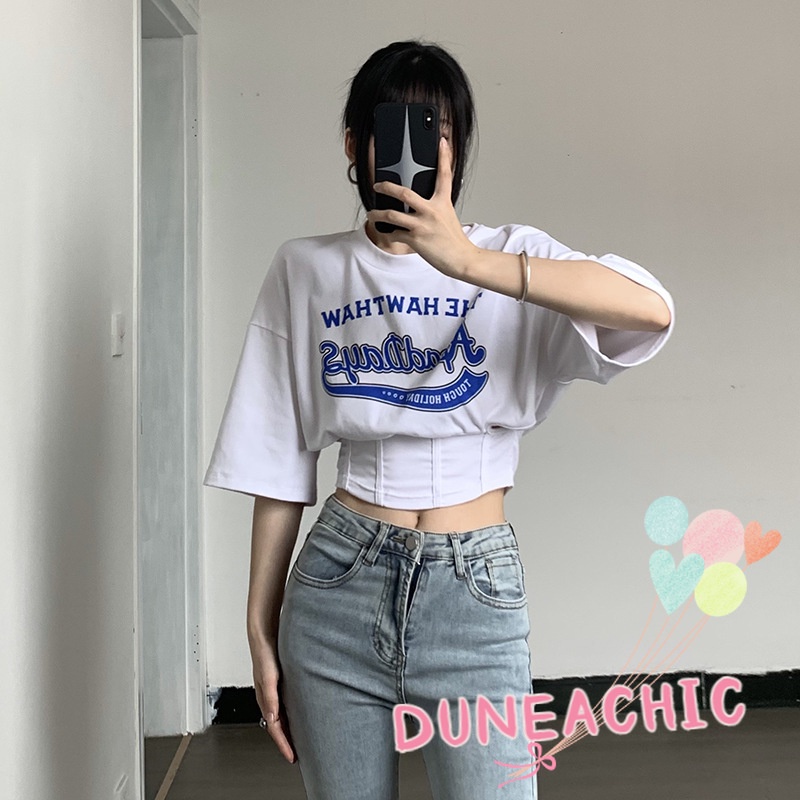 DUNEA Áo Thun Tay Ngắn Cổ Tròn Dáng Rộng In Chữ Thời Trang Cho Nữ