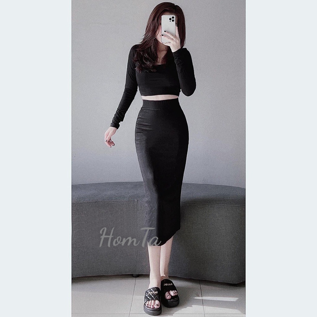 Set Áo Cổ U Tay Dài Kèm Chân Váy