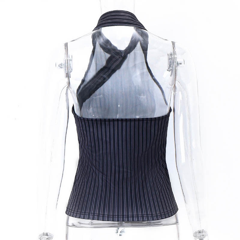 Áo Tank Top Kẻ Sọc Hở Lưng Phối Nút Thời Trang Cho Nữ