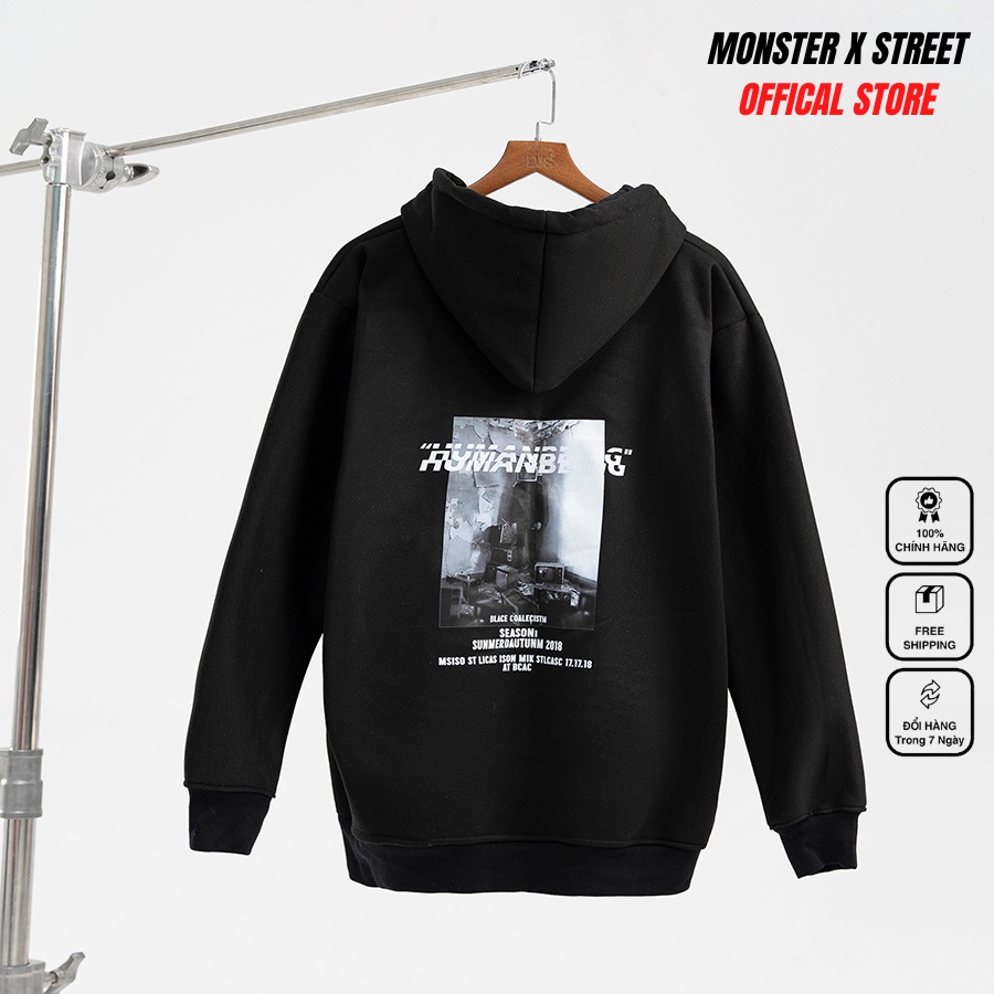 Áo hoodie nỉ bông Monster X Street Human Black nam nữ form rộng thu đông Local Brand