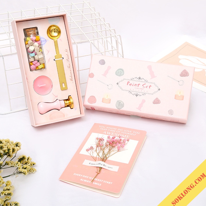 Bộ dụng cụ đóng con dấu sáp cổ điển D08 niêm phong, trang trí bullet journal, phong bì thư con sáp vintage