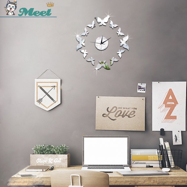 Đồng Hồ Dán Tường Acrylic 3D Mặt Gương Hình Bướm Thời Trang Trang Trí Nhà Cửa
