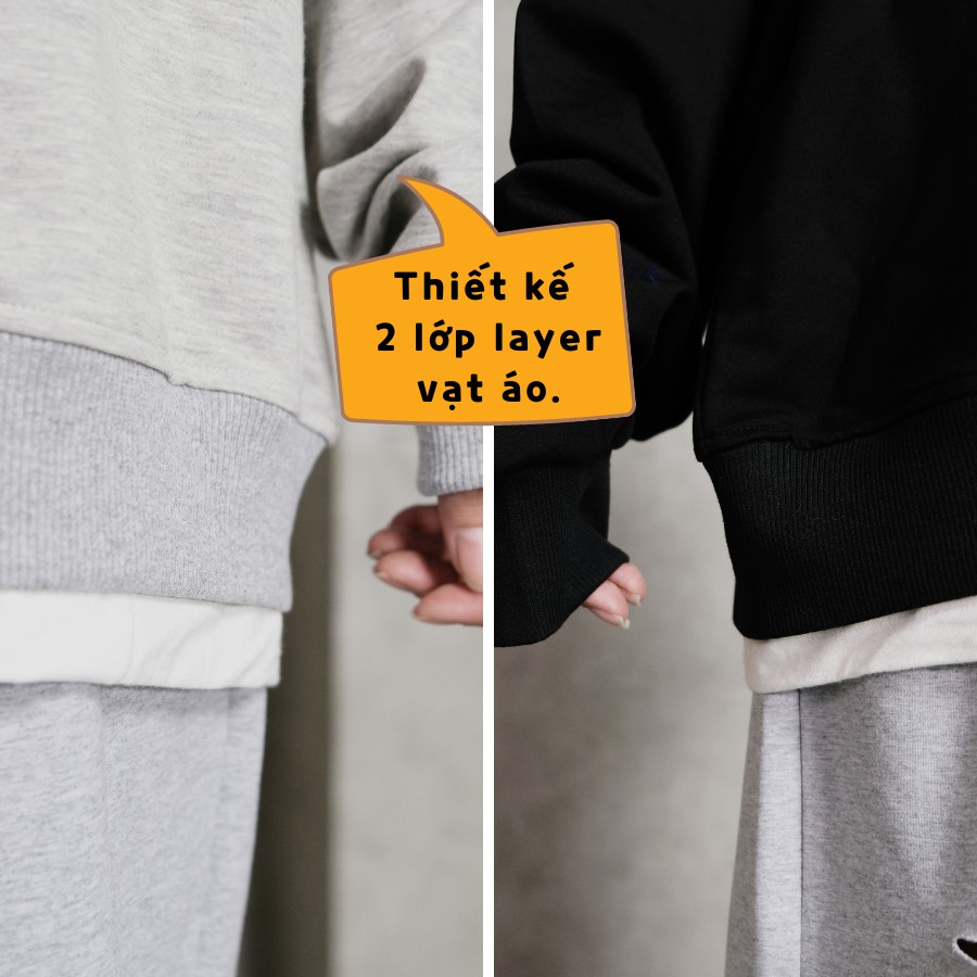 Áo Sweater Nam Nữ Form Rộng Phối Layer 2 Lớp Có Màu Basic Xám, Đen Chất Da Cá Hàn Cao Cấp Thương Hiệu GUF