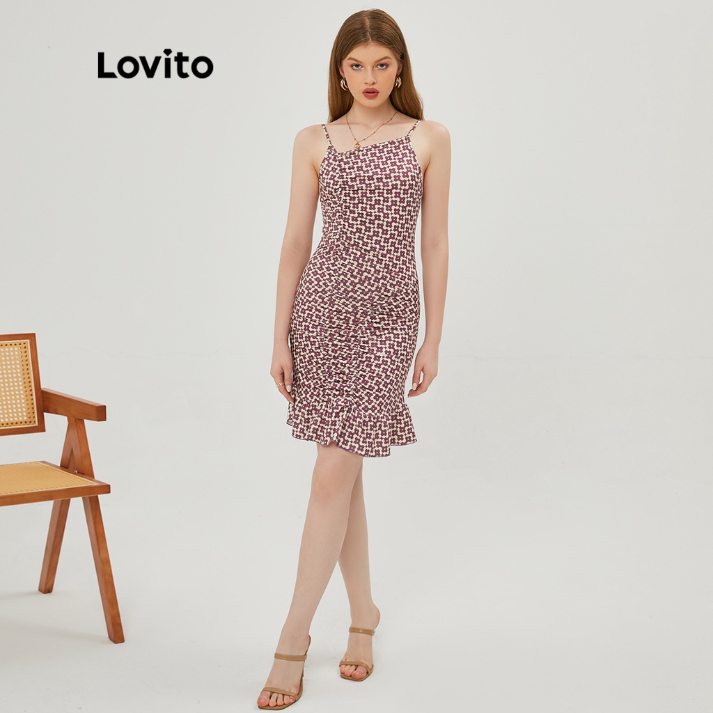 Lovito Đầm Xòe Xếp Nếp Họa Tiết Hình Học Cổ Điển L20E008 (Cà Phê)