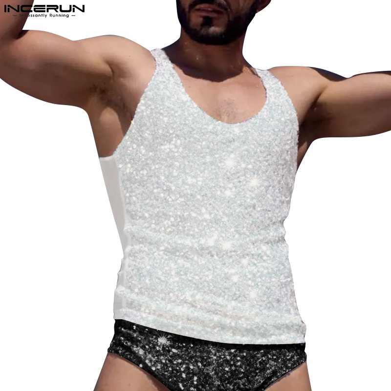 Áo ba lỗ Incerun thiết kế xuyên thấu đính kim sa trẻ trung dành cho nam