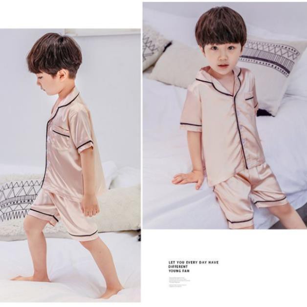 Đồ Ngủ Pijama Lụa Trẻ Em MinChu Cho Bé Trai Bé Gái Mặc Ở Nhà Từ 12 - 34kg - Quần Áo Ngủ Mùa Hè Cho Bé  ་