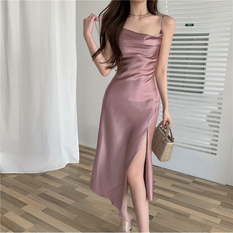 Đầm Nữ Satin Hai Dây Xẻ Tà Gợi Cảm Đầm Lụa Trơn Dài Cao Cấp Dáng Ôm Quyến Rũ Hở Vai Rẻ Đẹp