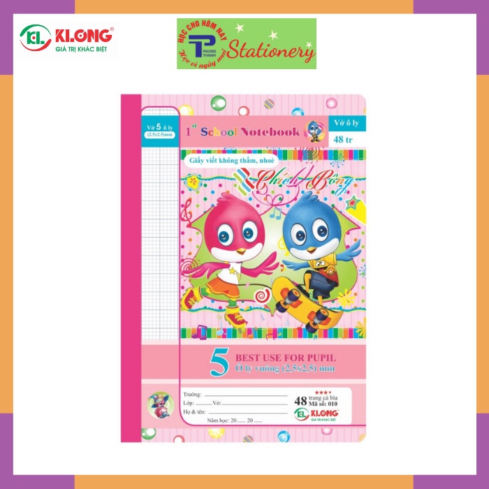 Vở 5 ô ly 48, 80 trang Klong định lượng 70g/m2 bìa hình chích bông, mèo tít, hổ nhi, sóc bi; MS: 010,030 giao ngẫu nhiên