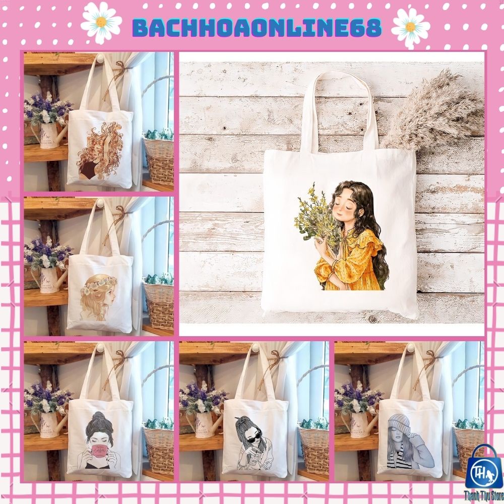 Túi tote túi vải canvas phong cách Hàn Quốc hoạ tiết cô gái và hoa đáng yêu Bachhoaonline68 554