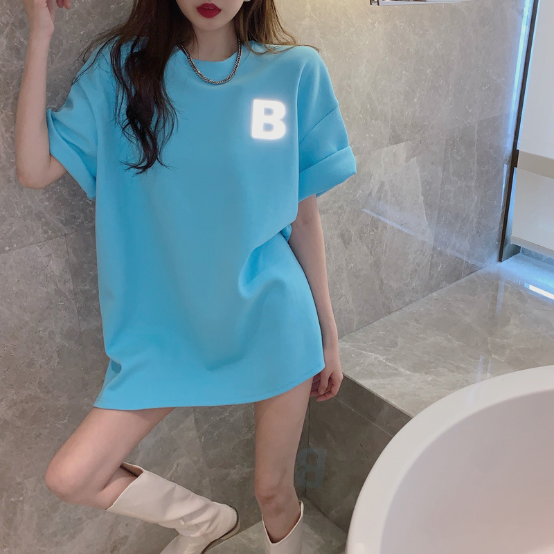 THEODORA  White/Black/Blue 3D letter embossed short sleeve t shirt Fashion reflective pattern loose half sleeve t-shirt Personality mid-long women tops