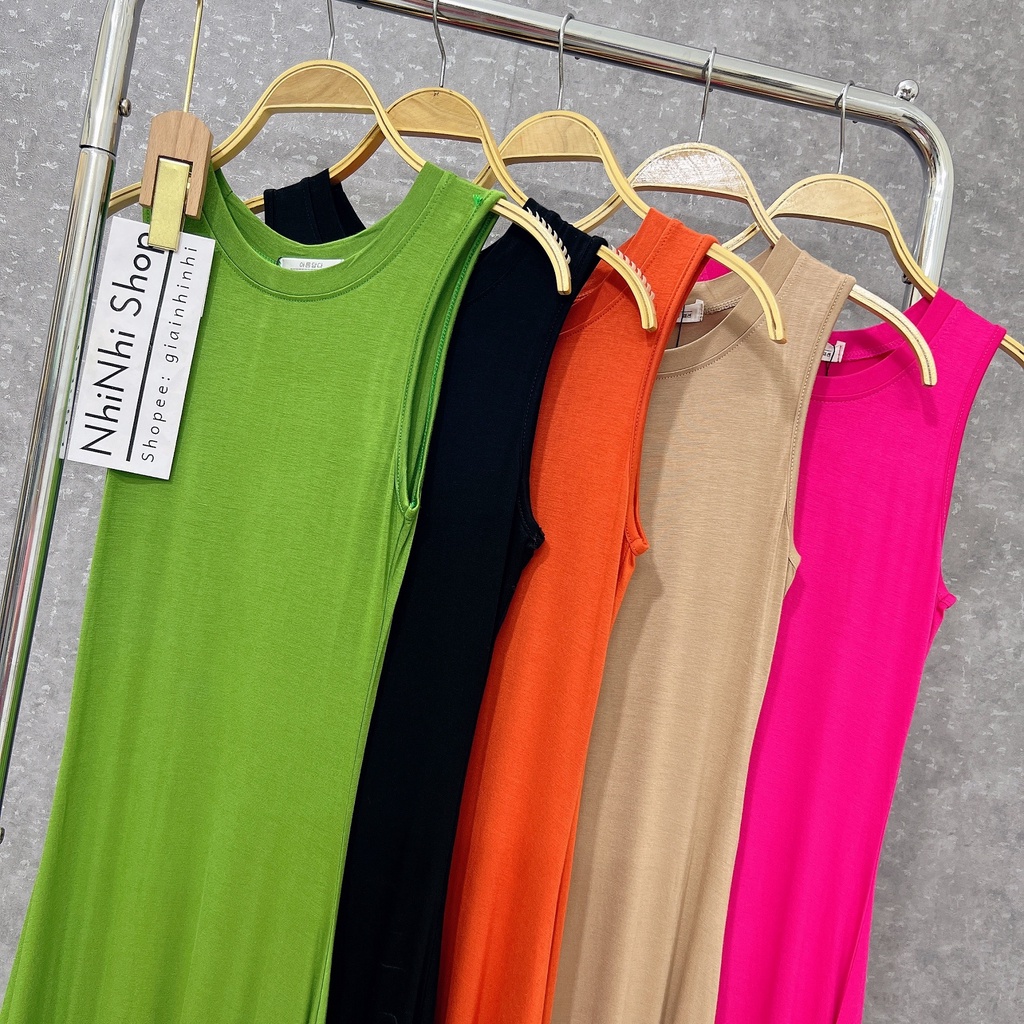 Váy maxi thun xòe sát nách, Đầm dáng dài cổ tròn co giãn VS1821 - NhiNhi Shop