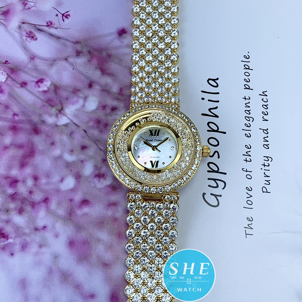 [BẢO HÀNH 24 THÁNG-FULL BOX] Đồng hồ nữ ROYAL CROWN Đồng hồ pin viền vàng dây lớn đính FULL đá size 32mm SANG TRỌNG QUÝ | BigBuy360 - bigbuy360.vn