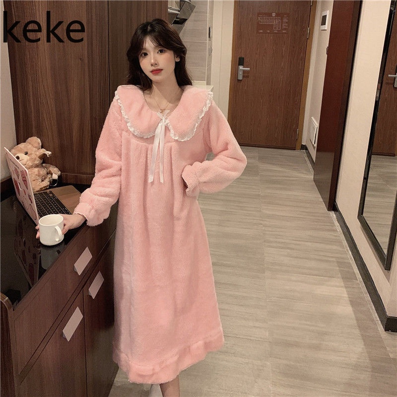 Đầm ngủ tay dài chất nỉ dày dặn giữ ấm thời trang mùa đông xinh xắn cho nữ | BigBuy360 - bigbuy360.vn