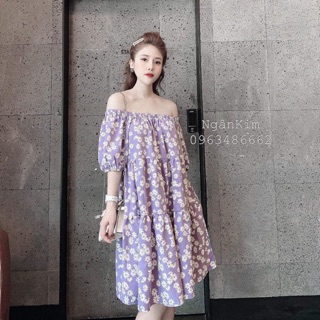 Váy hoa cúc trễ vai 3 tầng tiểu thư