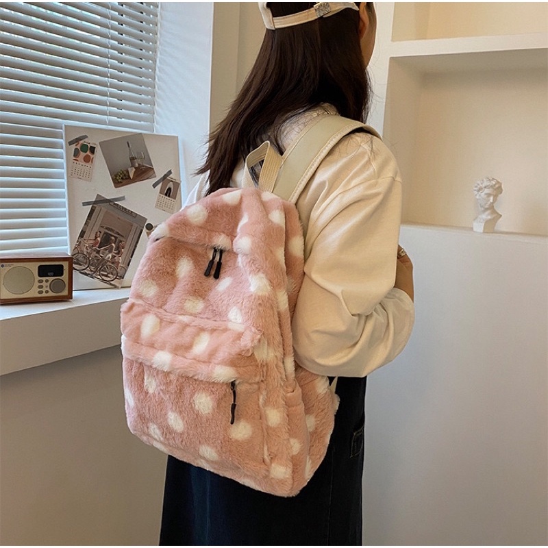 Balo lông thỏ hoạ tiết chấm bi trẻ trung