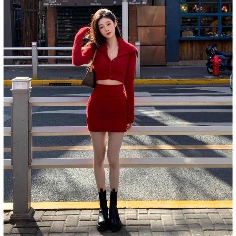 Set váy len màu đỏ sexy