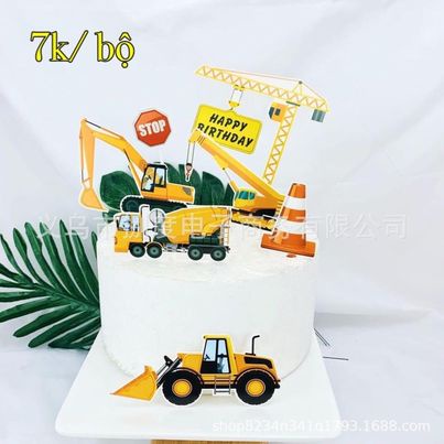 bộ cắm máy xúc cần cẩu màu vàng trang trí bánh kem