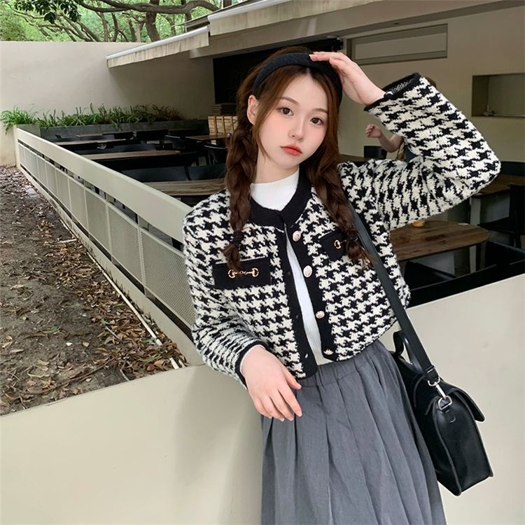 Xiaoxiangfeng Áo Khoác Cardigan Dệt Kim Eo Cao Màu Sắc Tương Phản Phong Cách Phương Tây Thời Trang Thu Đông Hàn Quốc Dành Cho Nữ