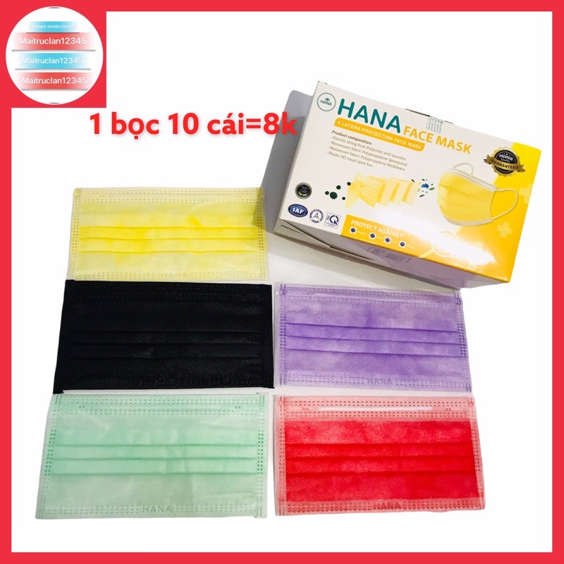 Set 10 chiếc khẩu trang y tế Hana màu đỏ,đen,vàng,xanh ngọc ,tím 4 lớp