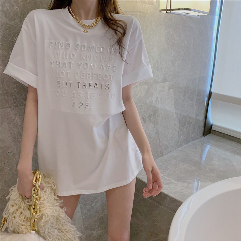 Áo thun SUXI tay ngắn cổ tròn dáng rộng in chữ thời trang mùa hè cho nữ
