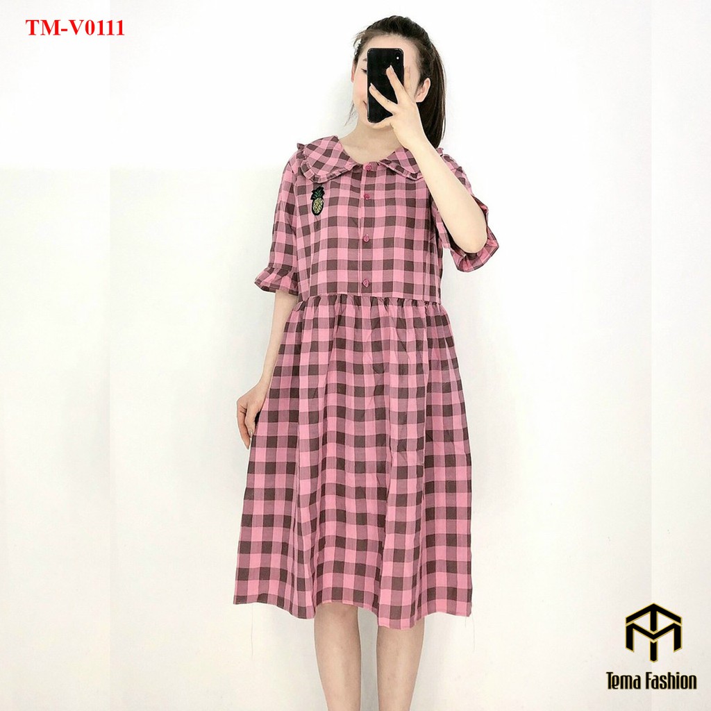 Đầm bigsize MIA - Váy bầu chất cotton mát kẻ caro dáng dài cổ sen siêu xinh