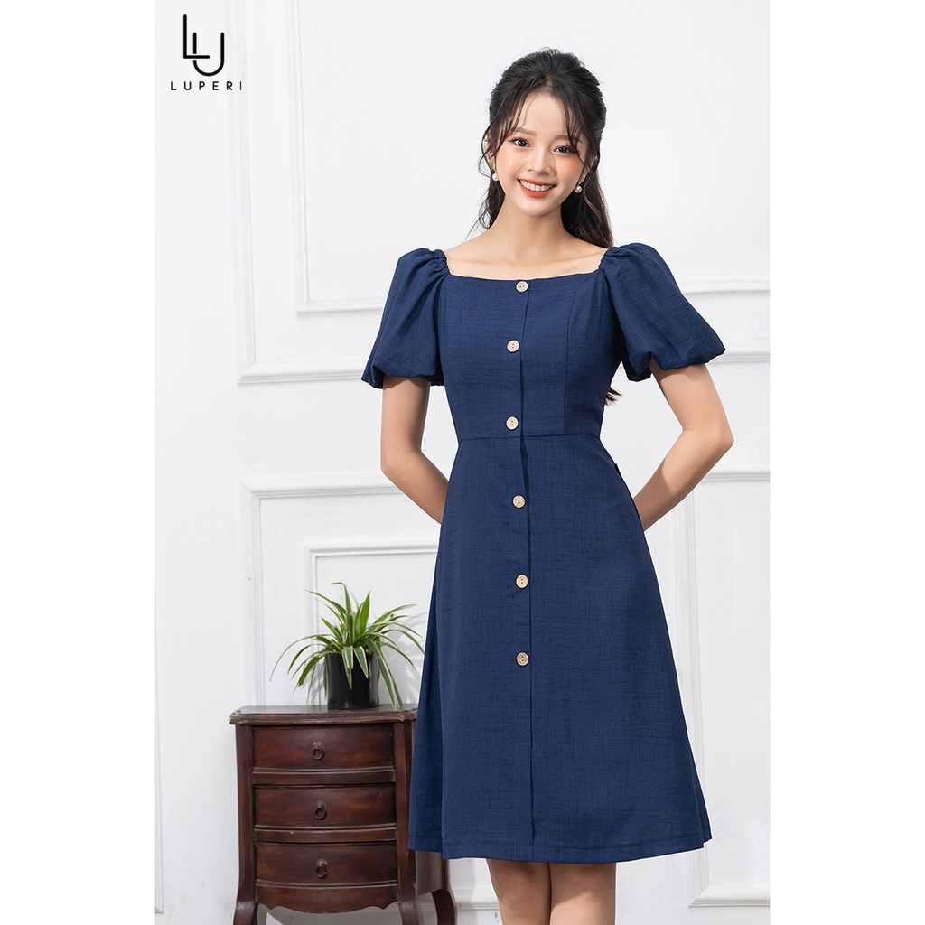 Váy Công Sở Thiết Kế LUPERI Tay Bồng Cổ Vuông Thanh Lịch Chất Liệu Đũi Xước Cao Cấp LFV3271