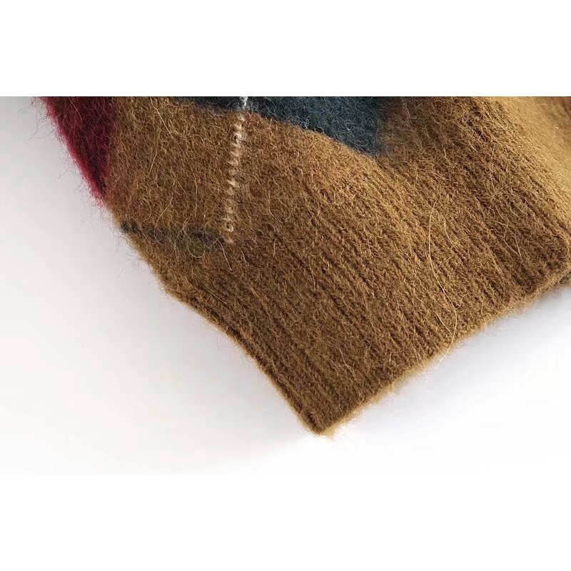 Ảnh thật cardigan kẻ quả trám màu nâu phong cách retro