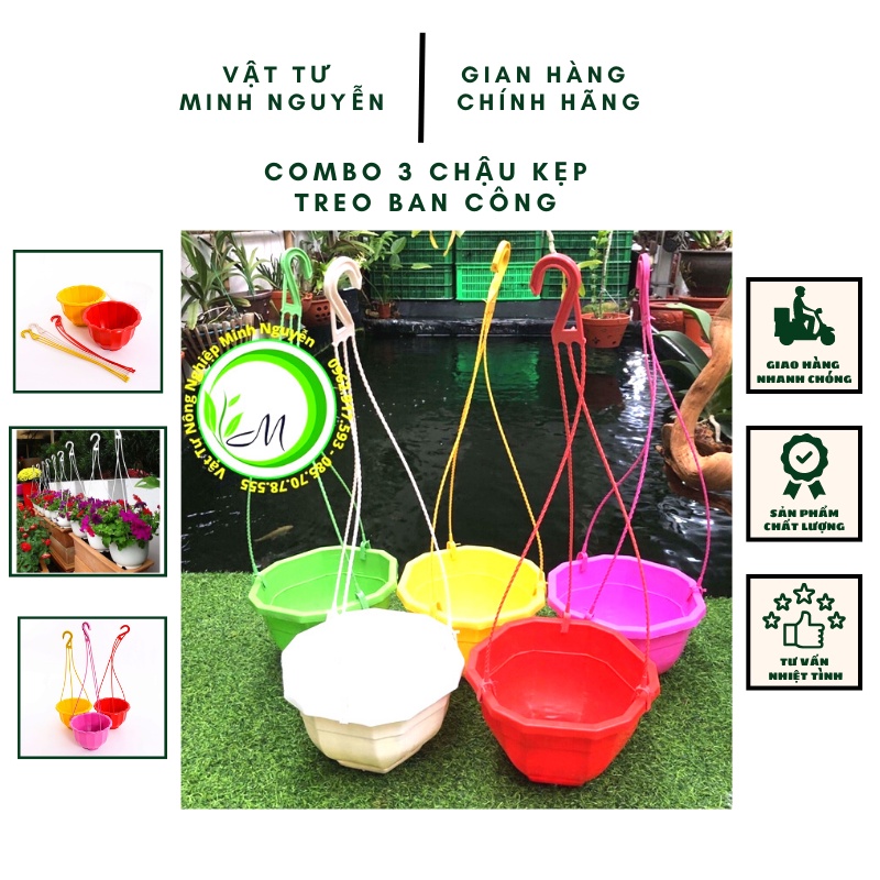 Combo 3 Chậu nhựa để bàn, có dây treo, chậu kẹp treo ban công, trồng cây nội thất, dâu tây, dạ yến thảo