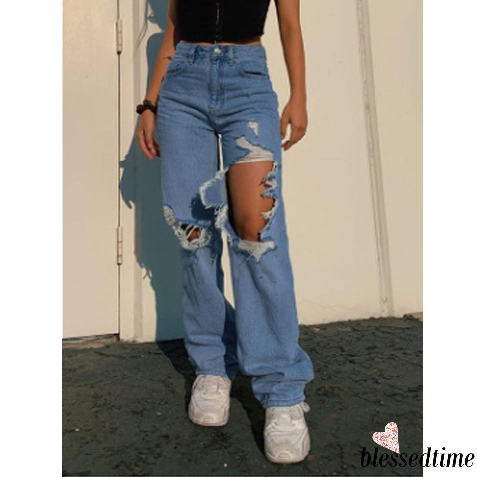 Quần Jeans Lưng Cao Phối Vết Rách Cá Tính Cho Nữ | BigBuy360 - bigbuy360.vn